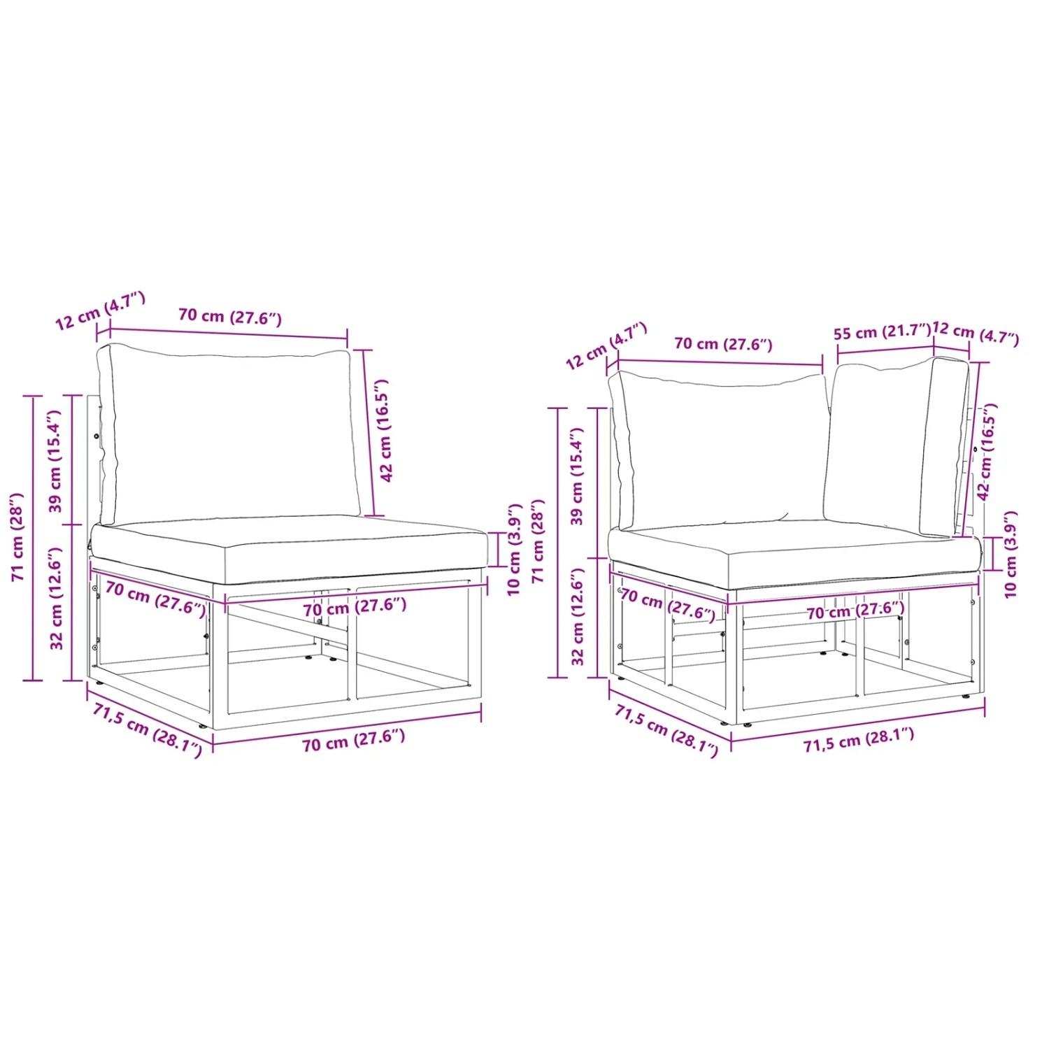 vidaXL Gartenmöbel-Set, 7-teilig, schwarz, Aluminium, mit Maßangaben.