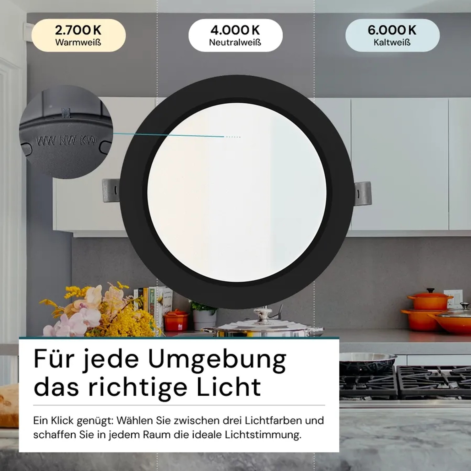 LUXULA LED Einbauleuchte 12W IP44-Geschützt 1200lm Lichtfarbe Einstellbar CCT Ø173x26mm Einbaustrahler Deckenspot Rund Schwarz_3