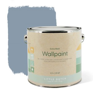 Little Dutch Wandfarbe Faded Blue, 2,5 l, matte blaue Farbe im Farbeimer mit Farbfleck.