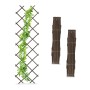 Braunes, ausziehbares Rankgitter aus Tannenholz mit Kletterpflanze. Zwei zusammengeklappte Rankhilfen. 3er Set für Garten.
