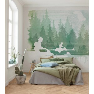 Komar Vliesfototapete Star Wars Endor Speeders im Schlafzimmer mit grünen Farbtönen.