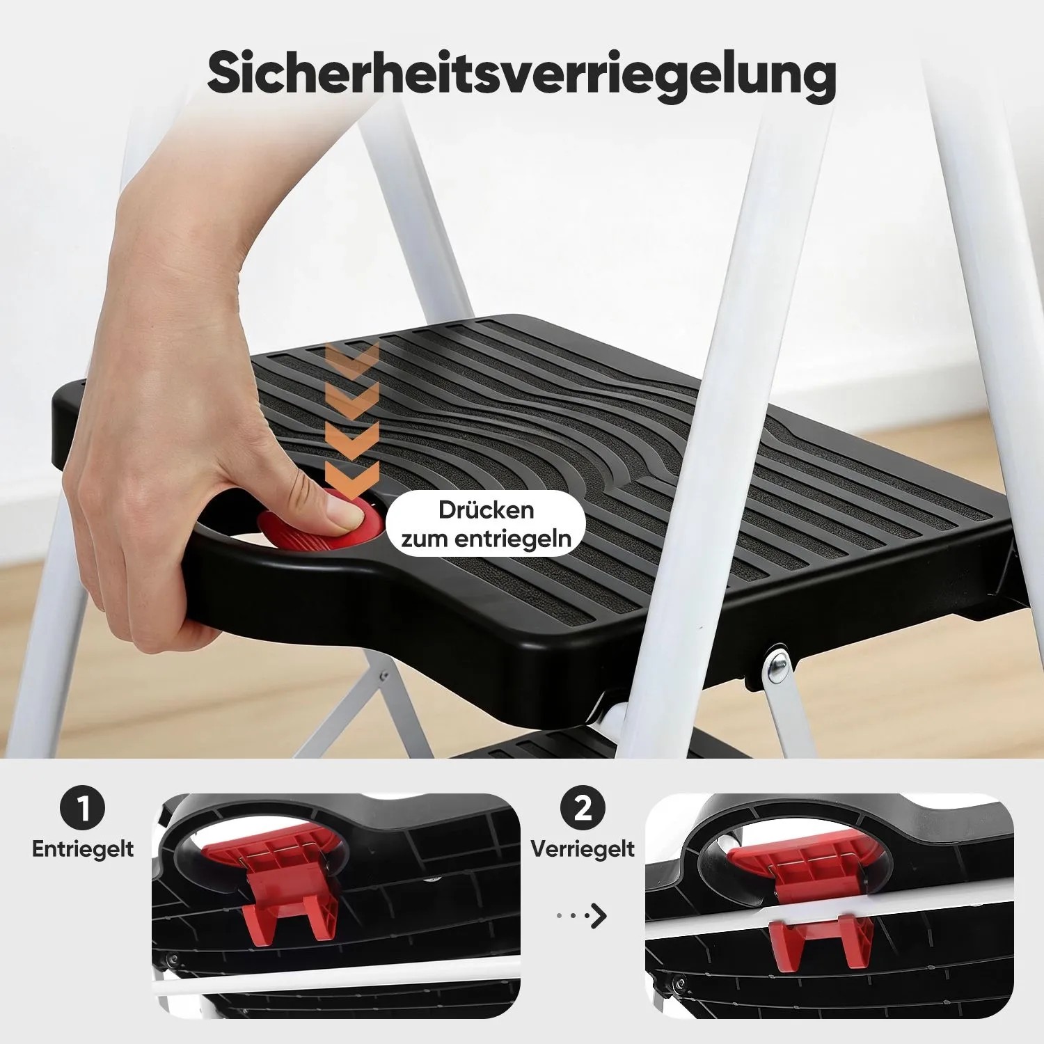 Hand entriegelt Sicherheits-Klappsicherung des Sekey Klapptritts. Roter Knopf auf schwarzer, rutschfester Stufe.