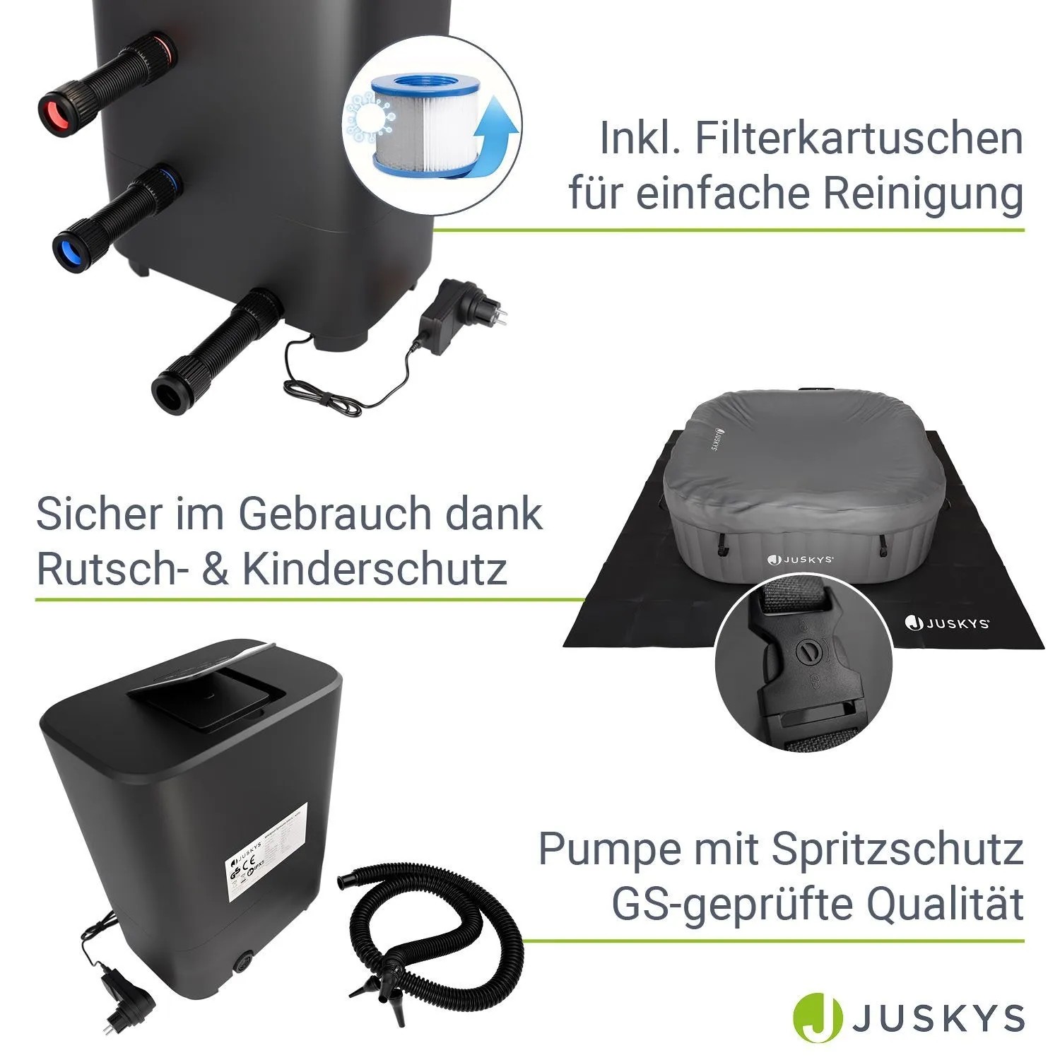 Juskys SpaLuxe Aufblasbarer Whirlpool: Filterkartuschen, Pumpe, Abdeckung mit Rutsch- & Kinderschutz.