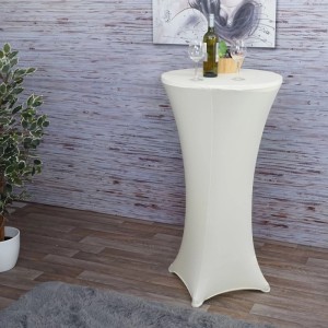 Creme-beige Stretch-Stehtischhusse für Ø 60cm Tische. Elegant, passgenau, ideal für Partys und Events.