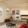 Innenansicht: Grau-weißes Palmako Gartenhaus Klara (360x300 cm) mit Musikequipment.
