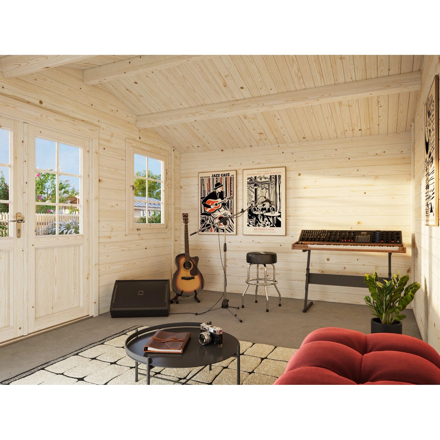 Innenansicht: Grau-weißes Palmako Gartenhaus Klara (360x300 cm) mit Musikequipment.