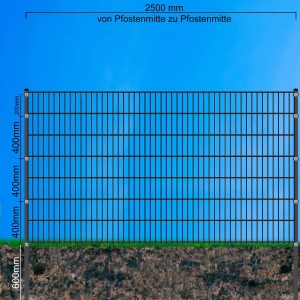 Moosgrüne Doppelstabmatte 6/5/6 mm, 250x143 cm, für Gartenzäune. Robuste Zaunmatte für die Grundstückseinfriedung.
