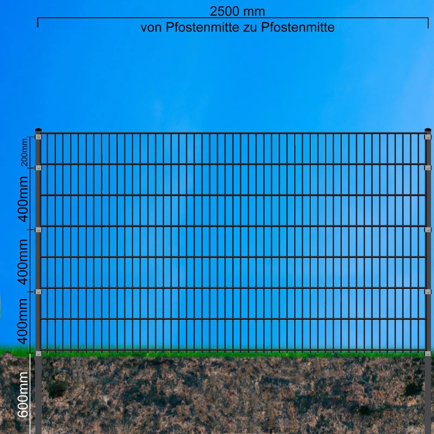 Moosgrüne Doppelstabmatte 6/5/6 mm, 250x143 cm, für Gartenzäune. Robuste Zaunmatte für die Grundstückseinfriedung.