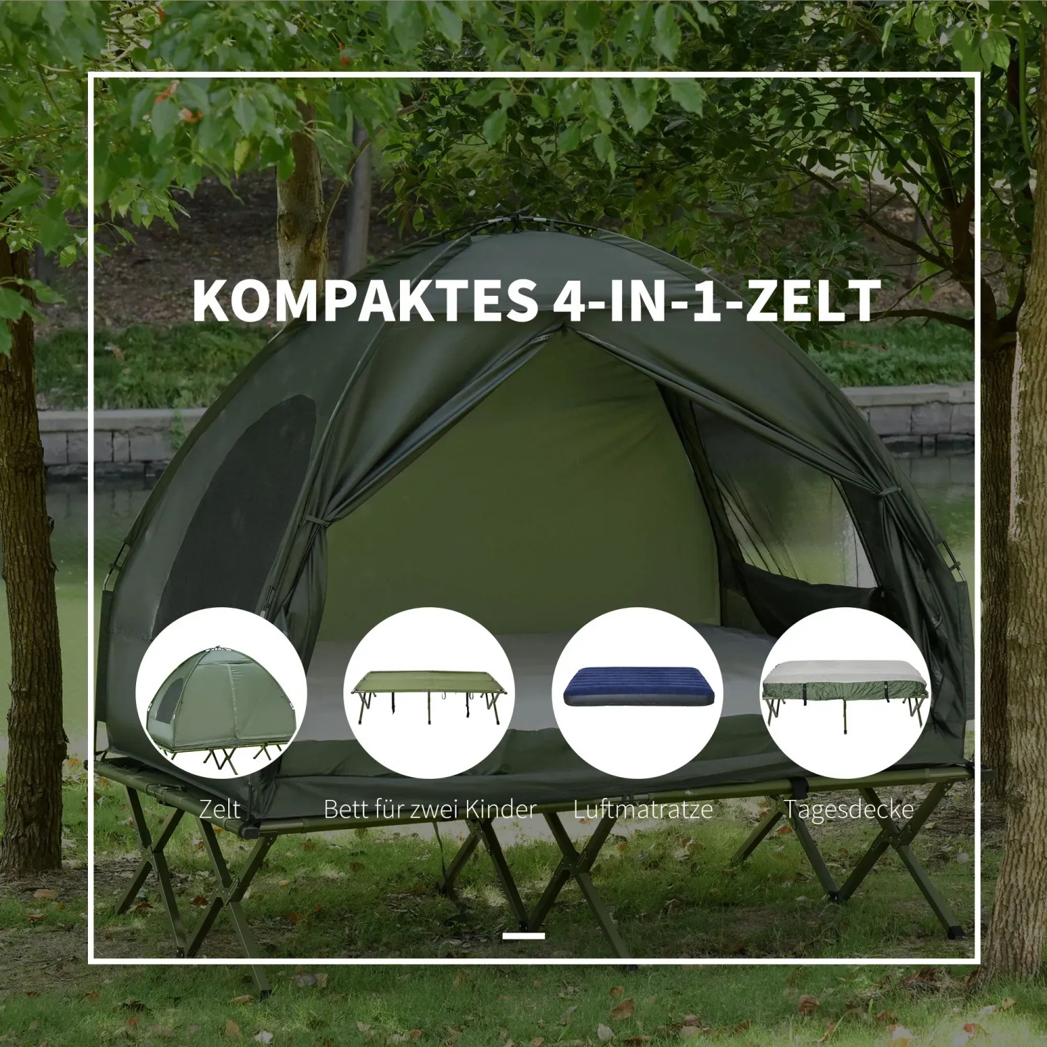 Outsunny Camping-Set: Feldbett mit Zelt, Luftmatratze und Decke für 2 Personen.