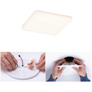 Paulmann LED-Einbaupanel Veluna, eckig, 8,5W, warmweiß, mit Montagebeispielen.
