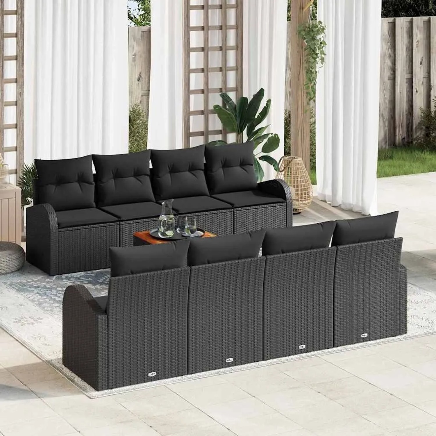 Schwarzes 9-teiliges vidaXL Garten-Sofa-Set aus Polyrattan mit Tisch für den Außenbereich.