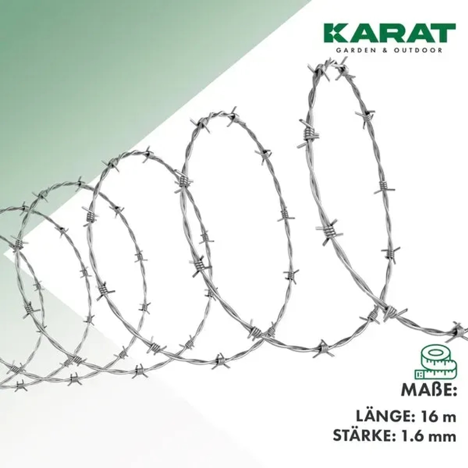Verzinkter KARAT Stacheldraht, 16 m Rolle, Drahtstärke 1,6 mm, Zubehör für Zaunbau.