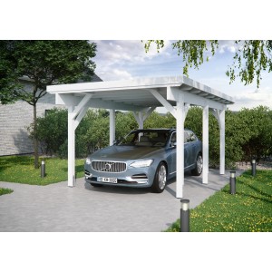 Weißes Kiehn-Holz Einzelcarport KH 300 mit Auto. Holzcarport mit Stahl-Dacheindeckung.