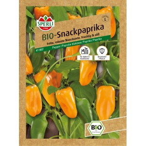 Samenpackung Sperli Bio Snackpaprika mit orangen und grünen Paprika auf der Abbildung.