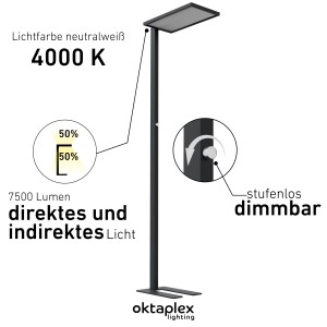 Schwarze, dimmbare Oktaplex Malmö LED Stehleuchte für Büro mit 7500 Lumen und neutralweißem Licht.