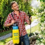 Mann nutzt Gloria AutoPump Set Drucksprühgerät zur Gartenarbeit. Gelber Behälter mit blauem Deckel.