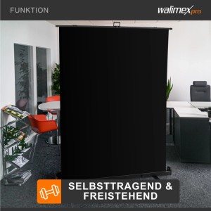 Schwarzer Walimex Pro Roll-Up Fotohintergrund 155x200cm, freistehend für Studio, Porträts & Video.