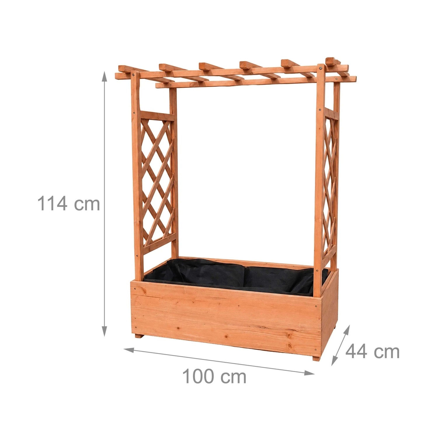 Oranger Blumenkasten aus wetterfestem Tannenholz mit Rankgitter, Dach und Pflanzfolie. Maße 114x100x44 cm.