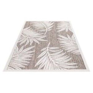 Beiger Outdoor Teppich (280x380 cm) mit weißem Palmenblatt-Muster. Wetterfest und ideal für Terrasse und Garten.