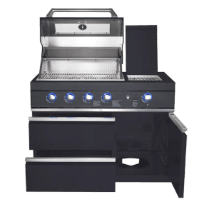 MyOutDoorKitchen Pure Plus Outdoorküche, freistehend, schwarz, mit Grill, Seitenbrenner und Stauraum.