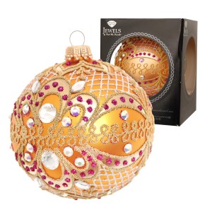 Goldene Weihnachtskugel (8cm) von Krebs Glas Lauscha, verziert mit Strasssteinen.