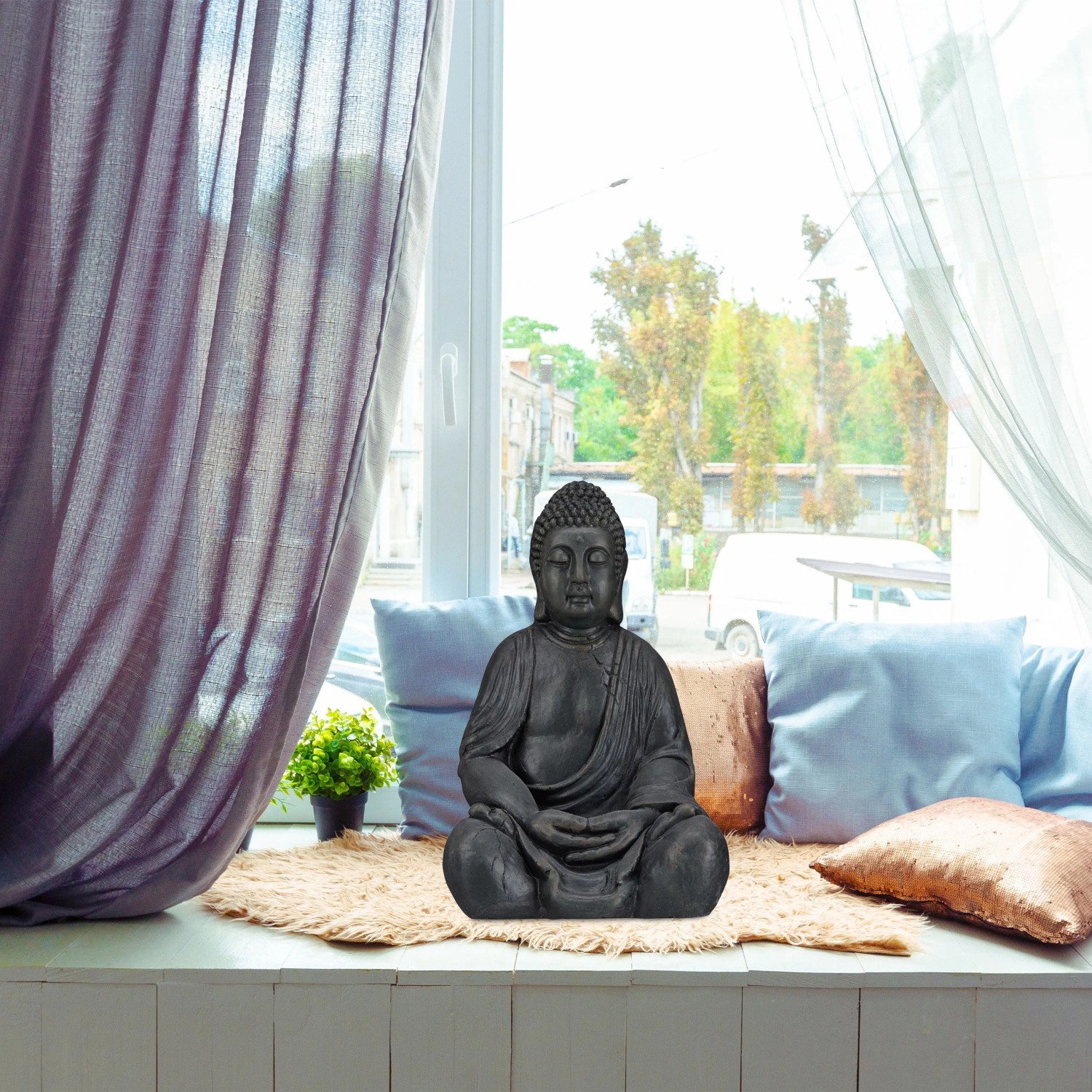 Relaxdays Buddha Figur Polyresin Dunkelgrau Wetterfest Frostsicher 50 cm x 30 cm x 25 cm 4 kg_2