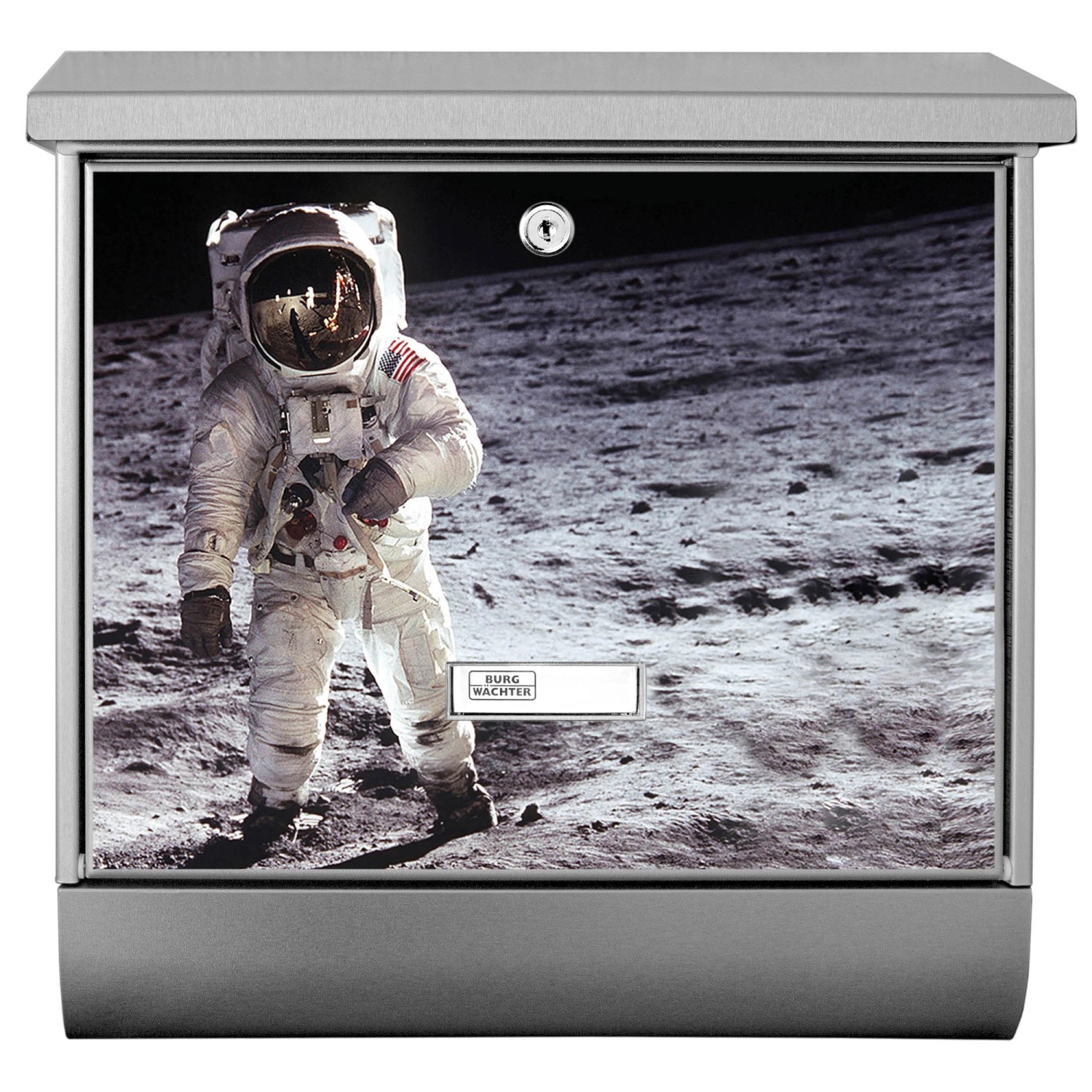 Edelstahl Briefkasten mit Astronauten-Motiv und Zeitungsfach. Inklusive Montagematerial.