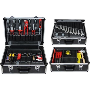 Gefüllter Famex Werkzeugkoffer 443-97 aus Aluminium mit diversen Werkzeugen wie Zangen, Schraubendrehern und Hämmern.