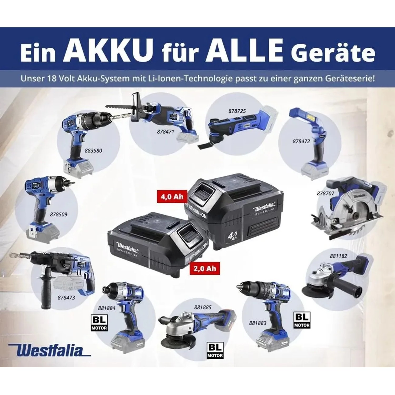 Westfalia 18V Akku 2,0 Ah mit Geräten der Serie. Lithium-Ionen Akku in Schwarz.
