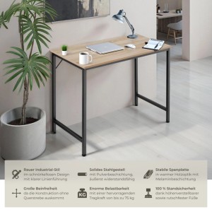 Tectake Schreibtisch Jenkins im Industrial Style mit Holzplatte in Eiche Sonoma und Stahlgestell.
