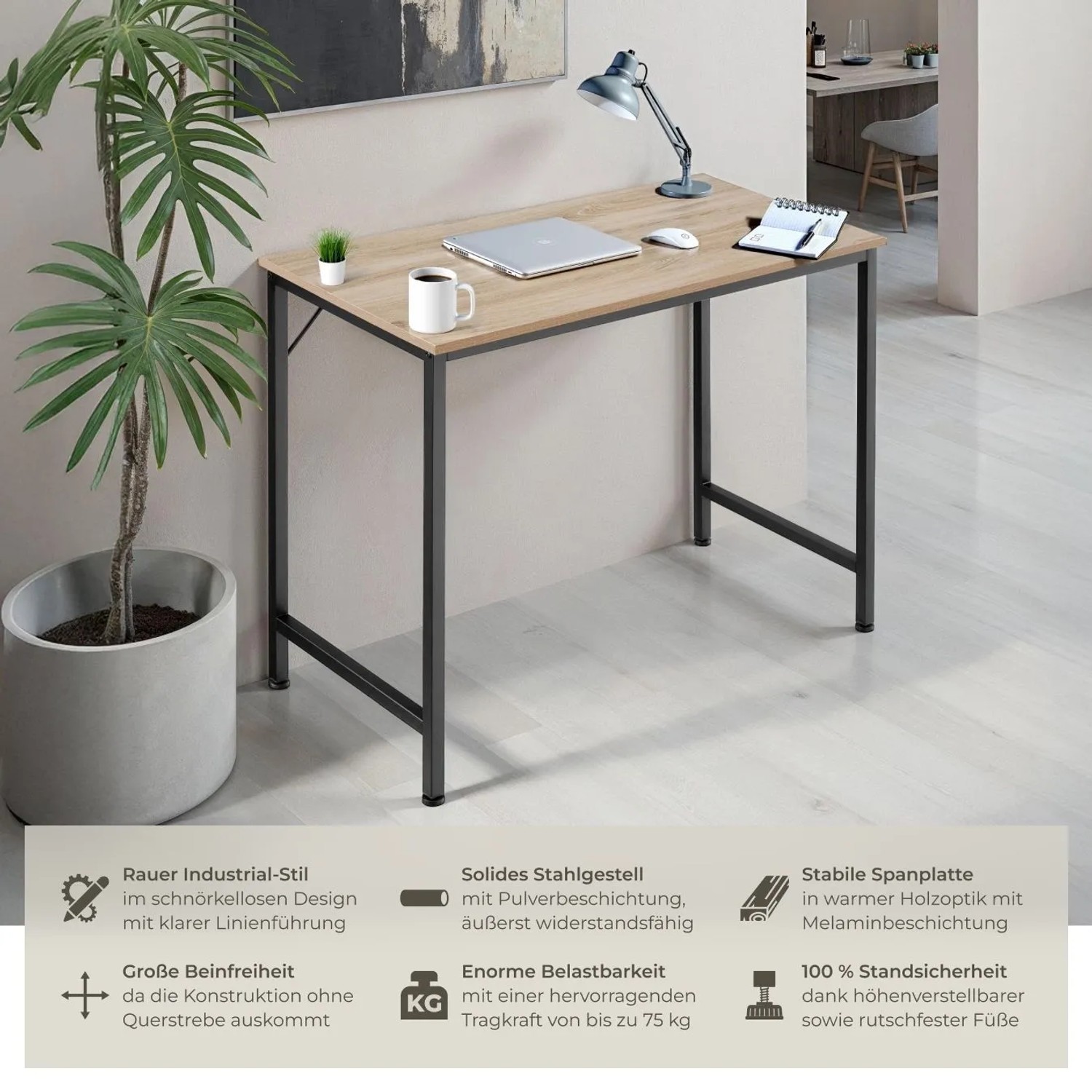 Tectake Schreibtisch Jenkins im Industrial Style mit Holzplatte in Eiche Sonoma und Stahlgestell.
