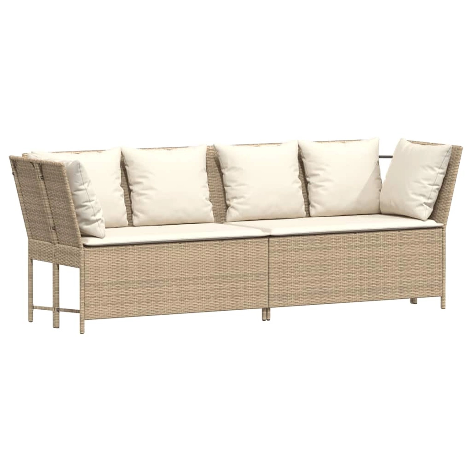 Beige 4-tlg. Garten-Sofagarnitur aus Poly Rattan mit cremeweißen Kissen.