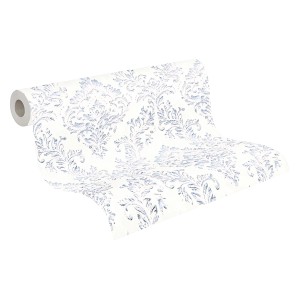 Rolle PROFHOME Barock Tapete mit Ornament in Silber und Weiß.