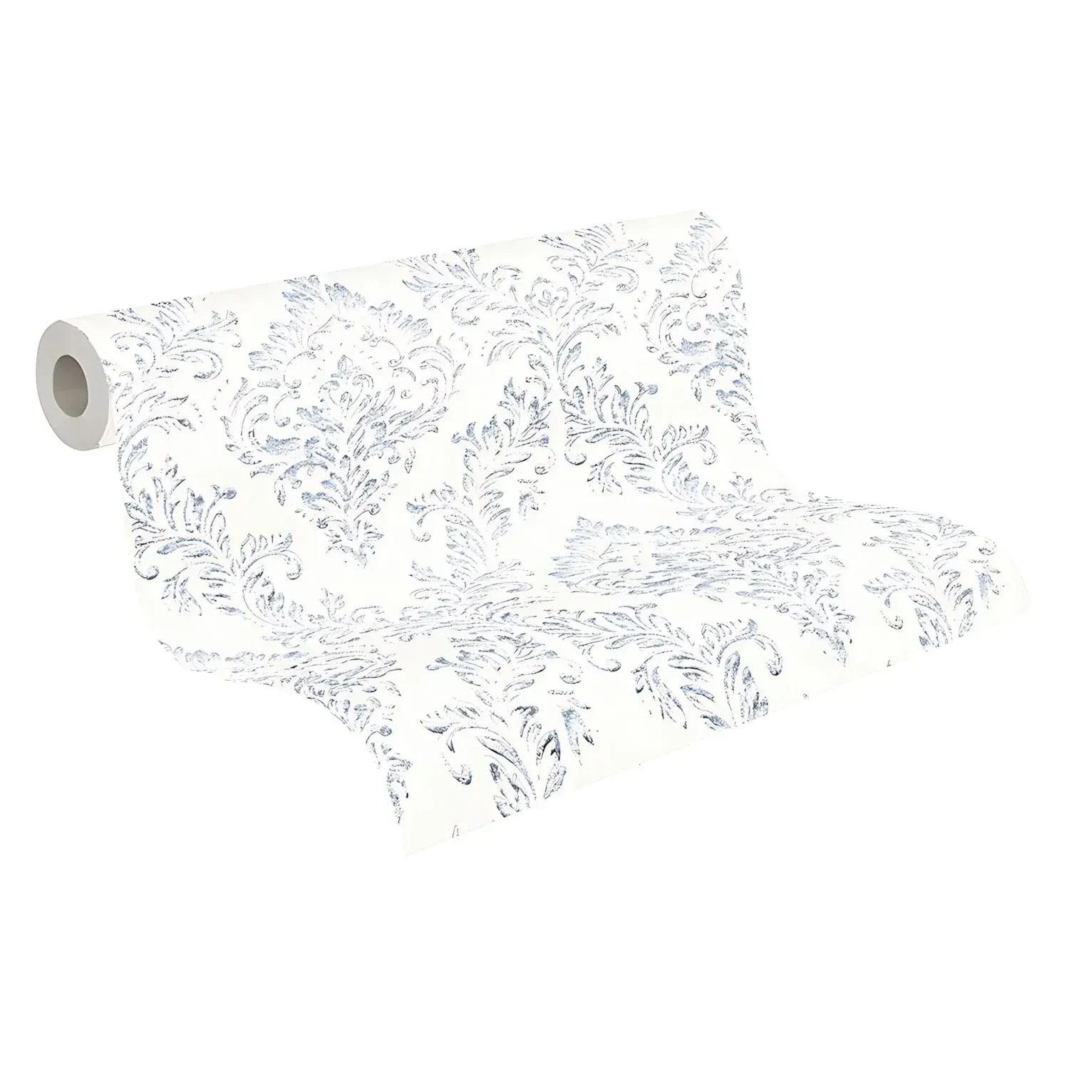 Rolle PROFHOME Barock Tapete mit Ornament in Silber und Weiß.