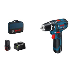 Bosch Professional 12V Akku-Bohrschrauber GSR 12V-15 Set: blauer Bohrschrauber, 2 Akkus, Ladegerät, Tasche.