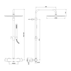 Technische Zeichnung: Kronenbach Duschsystem Lima 2.0 Black, Duscharmatur mit Thermostat, Kopf- und Handbrause, Maße.
