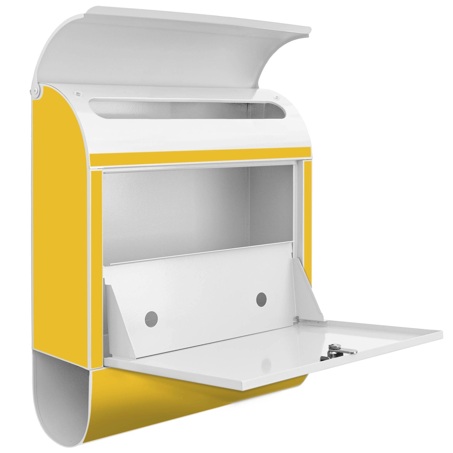 Offener Banjado Design Briefkasten, silber pulverbeschichtet mit gelbem Motiv und Zeitungsfach.