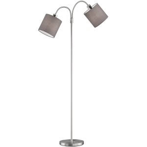 Moderne, nickelfarbene Fischer & Honsel Stehleuchte Cozy mit zwei grauen Stoffschirmen.