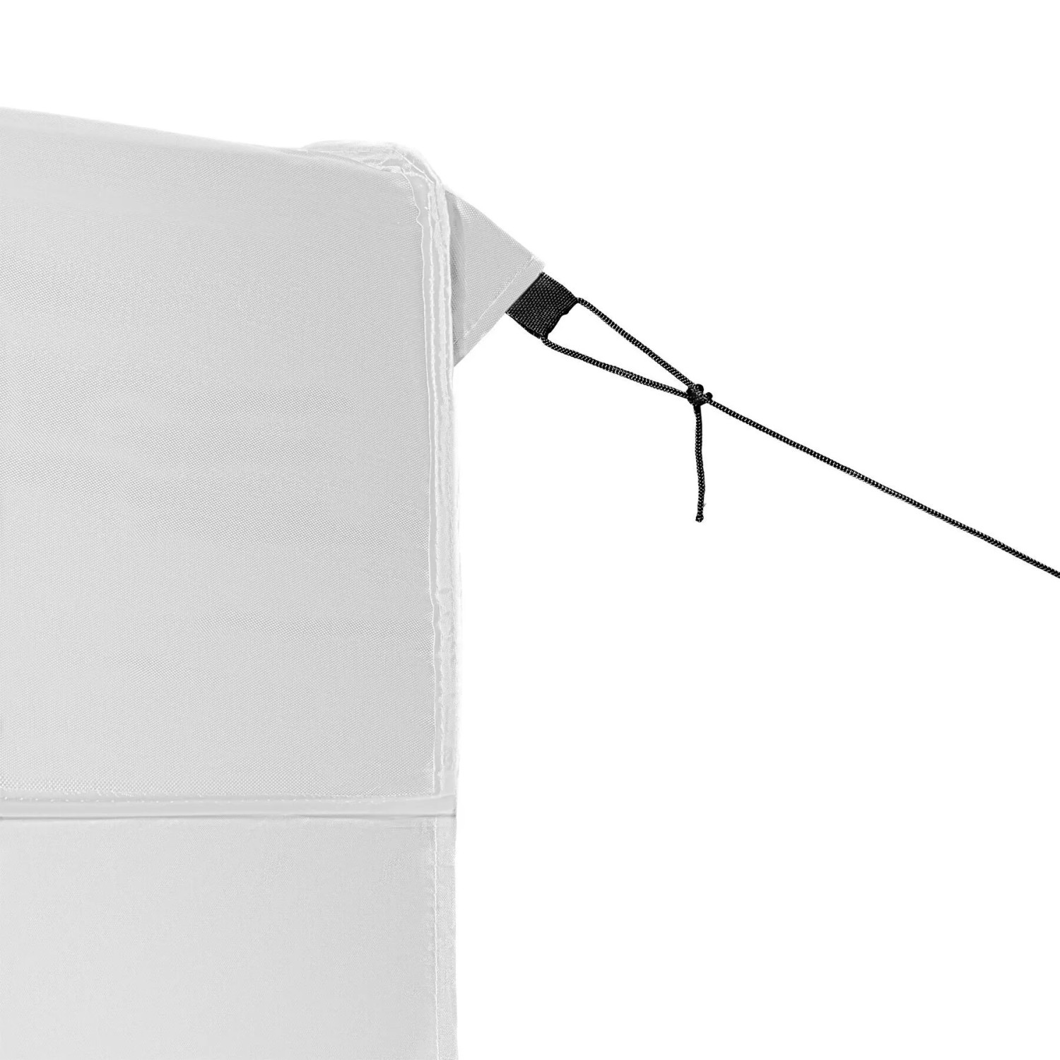 Detailaufnahme: Weißer Faltpavillon Viola mit Spannseil zur sicheren Befestigung.
