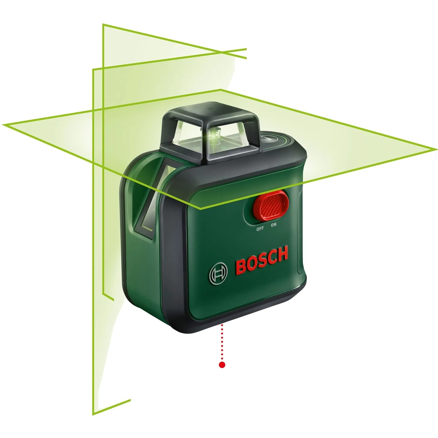 Bosch AdvancedLevel 360 Kreuzlinienlaser mit grünen Laserlinien und Lotpunkt.