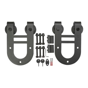 Zwei schwarze SOTECH HOOF Rollen aus Stahl für Schiebetüren, 70mm, mit Montageset und Zubehör.