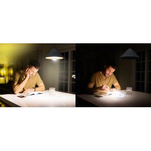 Osram E27 LED-Lampe im Einsatz: Vergleich normale Beleuchtung vs. Notlichtfunktion bei Stromausfall.
