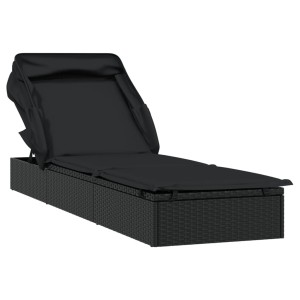 Schwarze vidaXL Sonnenliege mit Faltdach aus Polyrattan, ideal für Garten, Balkon oder Camping.