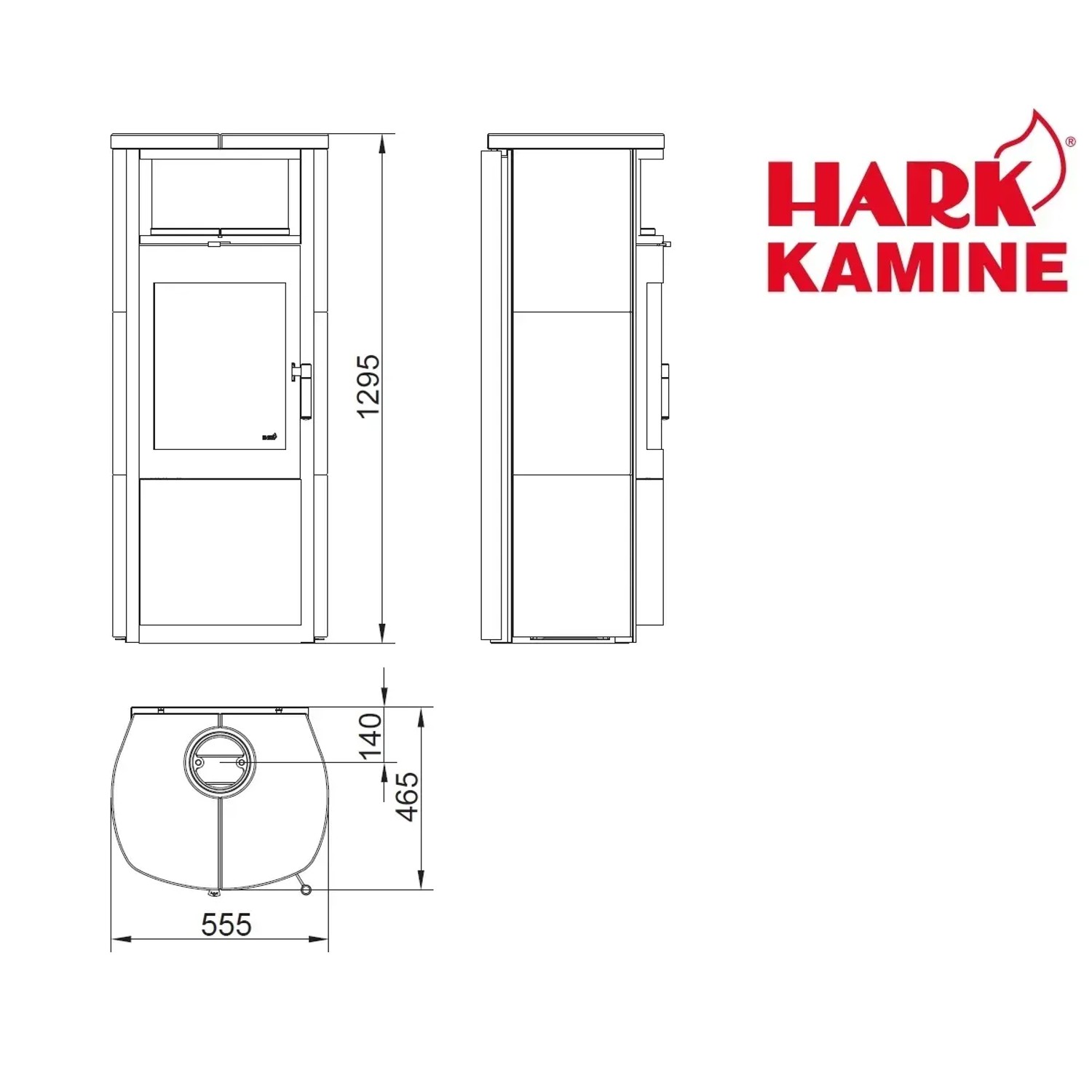Technische Zeichnung Hark Küchenofen Nika ECOplus, Kaminofen mit Ofenkacheln in Creme-Weiß, Maße und Ansichten.