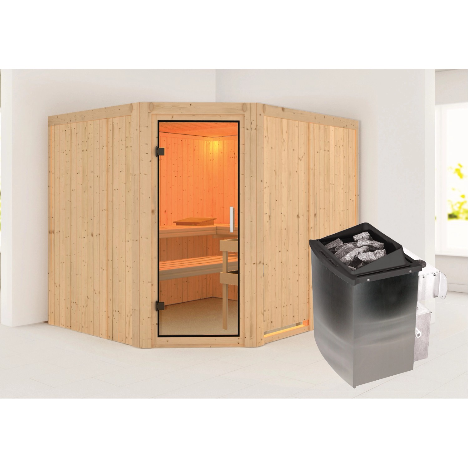 Karibu Sauna mit Ofen integrierte Stg.Natur günstig online kaufen