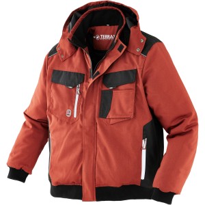Terrax Workwear Pilotenjacke in Rotbraun-Schwarz mit Kapuze und Taschen.