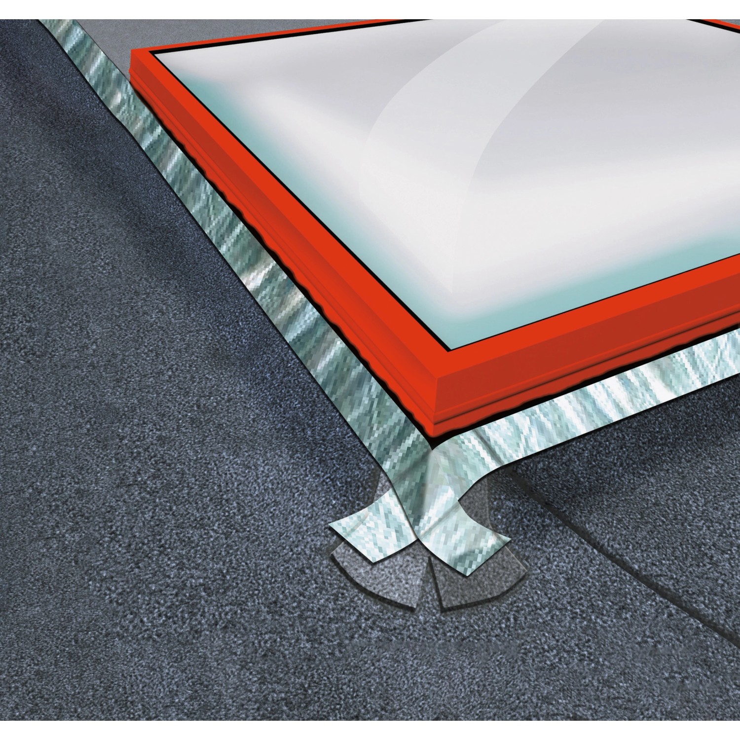 Detailaufnahme: Silbernes MEM Bitumen-Band Alu dichtet ein Dachfenster ab. Bauabdichtung für zuverlässigen Schutz.