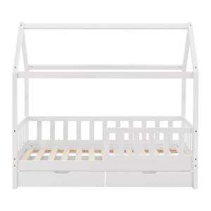 Weißes Juskys Kinderbett Marli 80x160 cm mit Bettkasten, Matratze und Rausfallschutz.