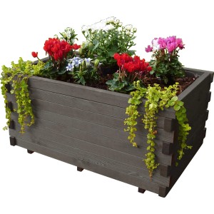 Anthrazitfarbener Promadino Pflanzkasten Siena mit Blumen und Pflanzfolie.