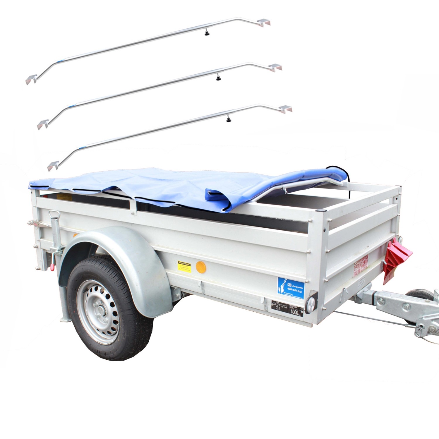 TRUTZHOLM Anhänger Flachplane Blau mit Gummigurt 2575x1345x100mm und 3 Alu Bügel 1000 bis 1450mm